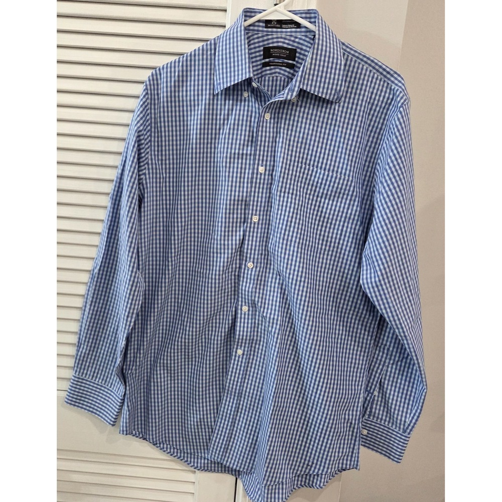 Nordstrom Traditional Fit Wrinkle Free Blue White Gingham Dress Shirt 15.5 34